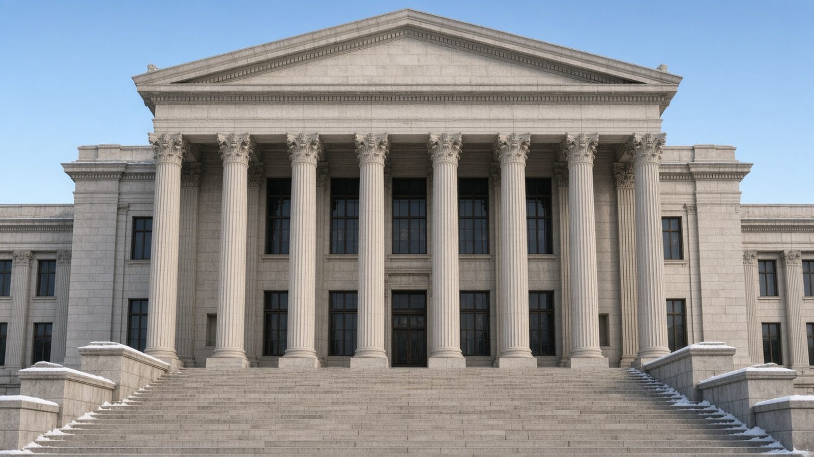 Stone columns and steps of the Leighton Criminal Court Building on California Avenue in Chicago under a clear winter sky