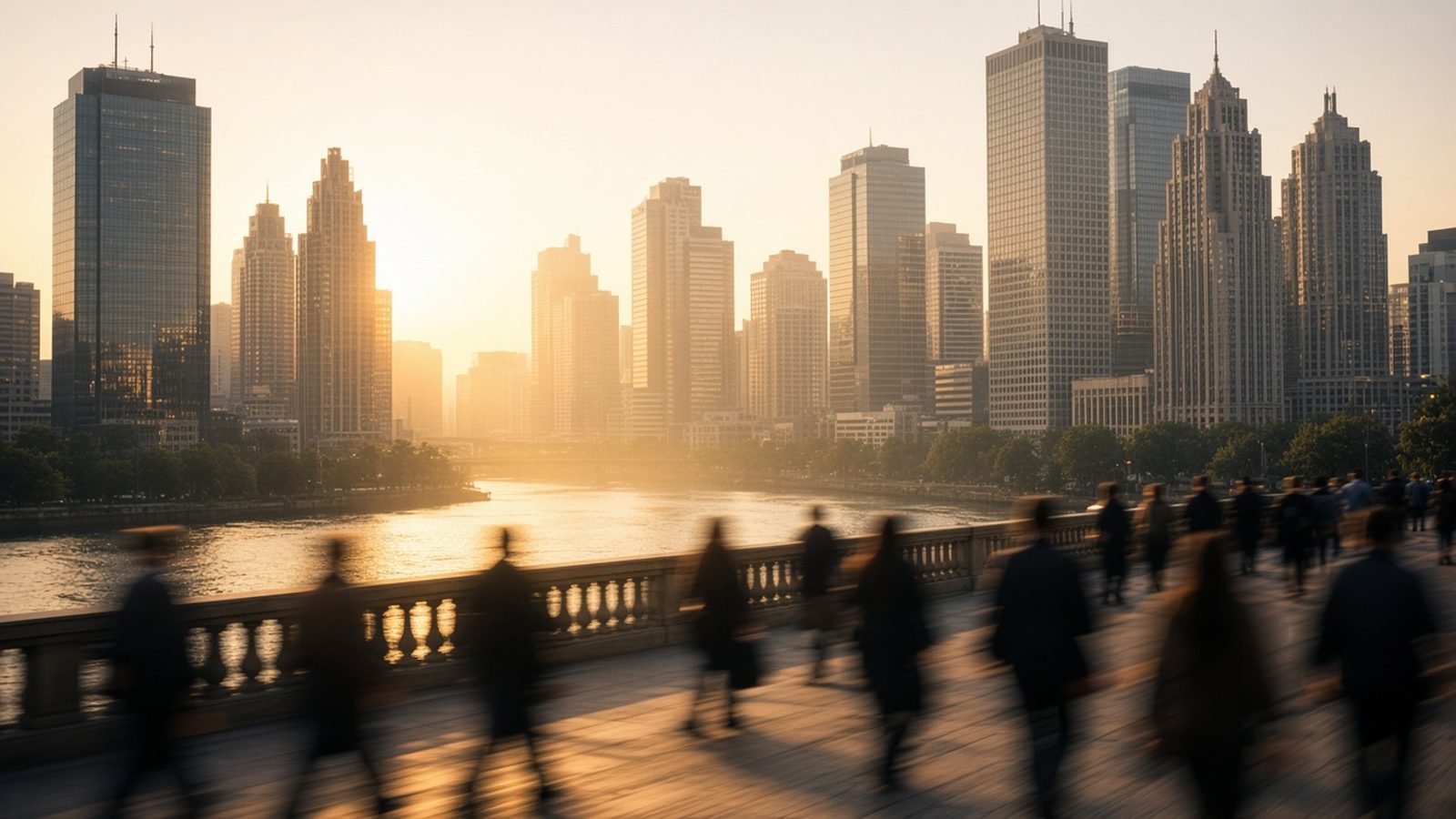 Morning commuters crossing a Chicago River bridge with Wacker Drive office towers rising behind them