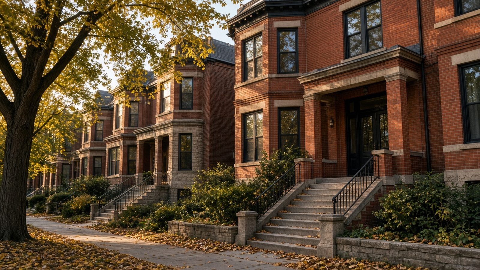 Row of classic Chicago brick two-flats and courtyard apartment buildings on a tree-lined street in early morning light